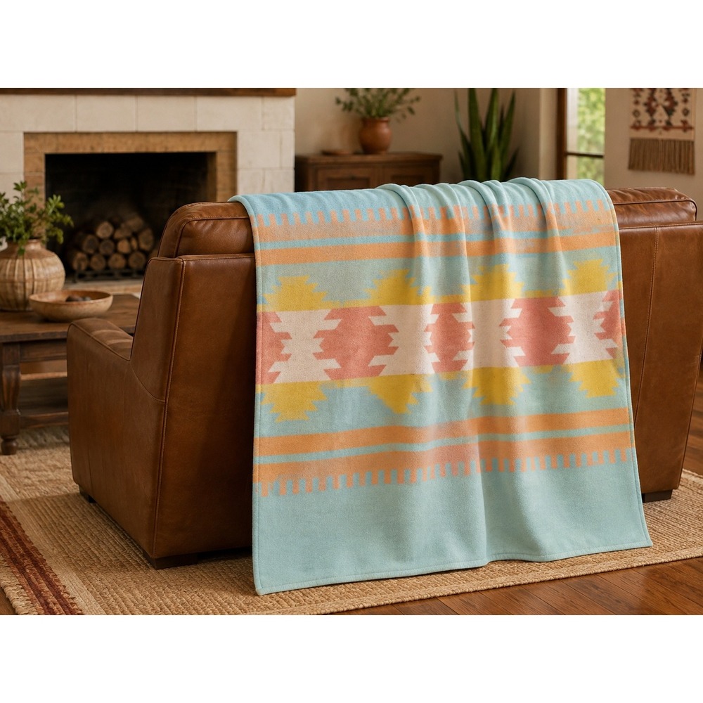 Biederlack Throw Blanket Peach Aqua Southwest Vintage USA 56x76 Western Boho 90s